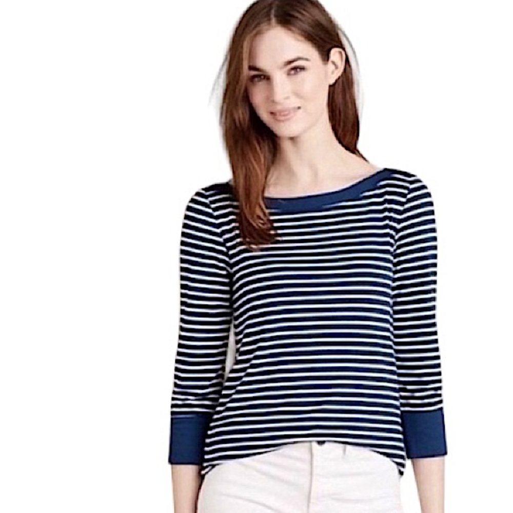 Anthropologie Akemi +‎ Kin Striped Navy Blue & White Boatneck 3/4 Sleeve Top M